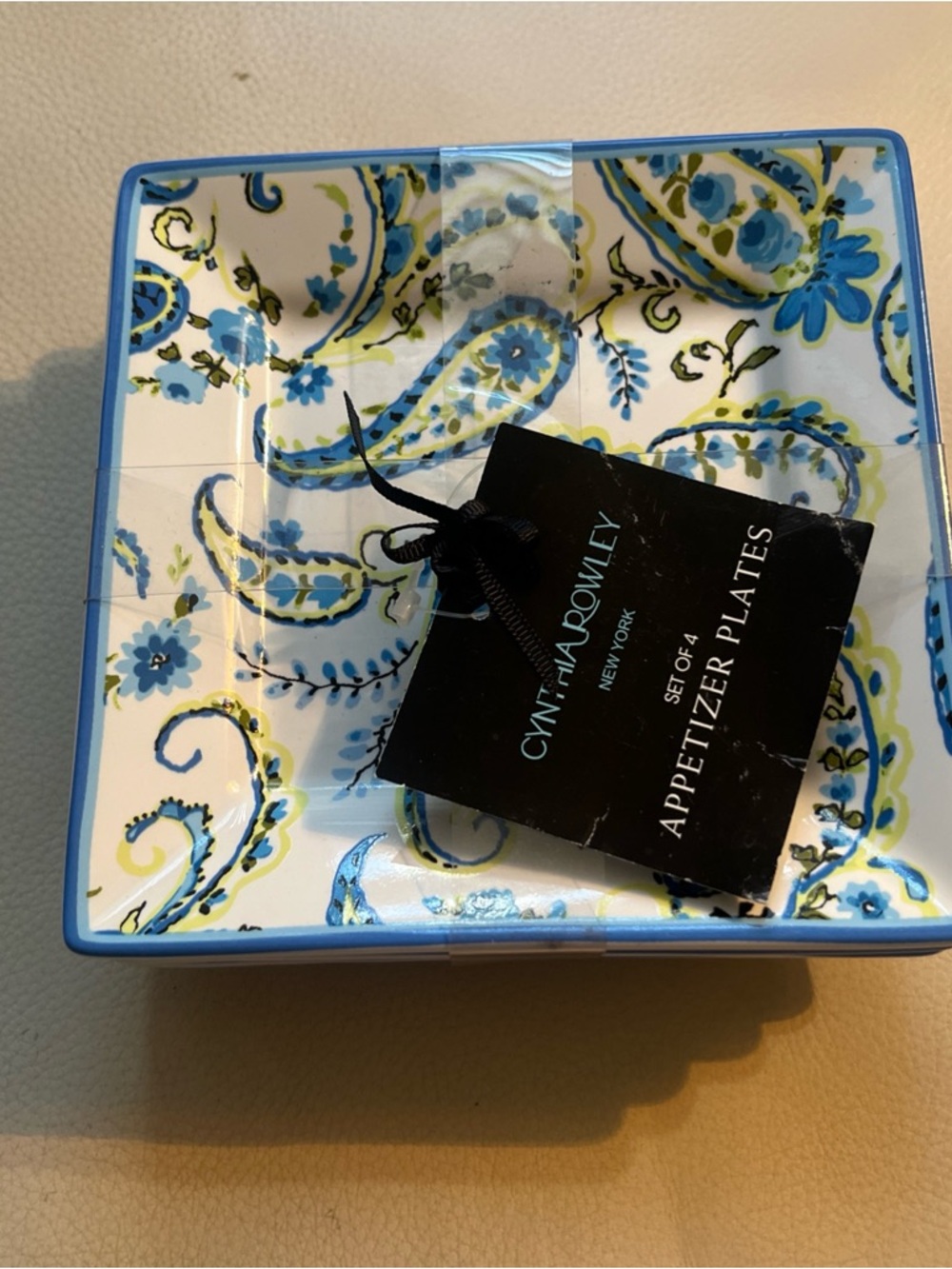 NWT Cynthia Rowley Blue and Green Paisley Square Appetizer Plate set of 4